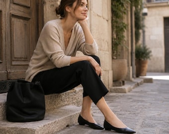 Black Sheepskin Pointed Toe Flats for Women, Soft Leather Ballet Flats, Low Heel Office Shoes, Travel Dress Flats, Gift for Her