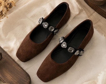 Vintage Suede Mary Janes Square Toe Heart Buckle Flats Cottagecore Women Shoes Brown Black Retro Work Footwear Gift for Girlfriend Wife