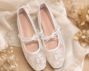 Fairycore Lace Mary Jane Schuhe, Mesh Schleife Ballerinas für Frauen, Cottagecore Braut Low Heels, Vintage Hochzeitsschuhe, Elegante Arbeitsreise flache Schuhe
