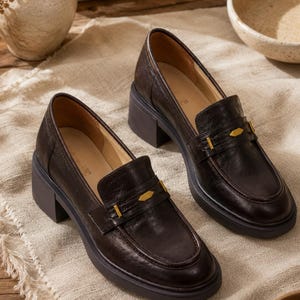 Genuine Leather Chunky Loafers for Women, Platform Penny Loafers, Handmade Comfort Work Shoes, Classic Brown Leather Slip On Shoes