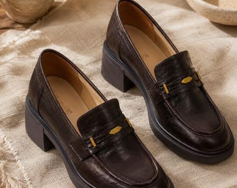 Genuine Leather Chunky Loafers for Women, Platform Penny Loafers, Handmade Comfort Work Shoes, Classic Brown Leather Slip On Shoes