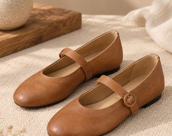 Brown Leather Mary Jane Flats, Round Toe Cowhide Shoes, Vintage Strap Ballet Flats, Comfortable Work Travel Shoes for Women