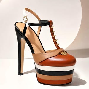 May include: A high-heeled platform sandal featuring a multi-colored stacked sole in white, black, and brown. The upper includes a brown toe box with a gold-tone emblem, a T-strap adorned with gold spikes, and a white ankle strap with a gold buckle.