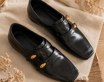 Mocassini vintage in pelle da donna, scarpe nere a punta quadrata, scarpe basse slip-on in stile britannico, scarpe in vera pelle bovina, comode scarpe da ufficio.