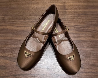 Satin Mary Janes Women Soft Sole Flats, Sheepskin Lining Silk Ballet Shoes, Handmade Vintage Style Dress Shoes for Work Party Travel