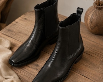 Handmade Black Leather Chelsea Boots Women Low Heel Ankle Boots Genuine Cow Leather Booties Minimalist Work Shoes Everyday Comfort Footwear