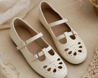 Genuine Leather Cutout Mary Jane Flats, Soft Sheepskin Women Shoes, Vintage Perforated Ballet Flats, Handmade Comfortable Walking Shoes