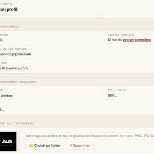 Peut inclure: Capture d'écran d'une interface de site web, présentant une page de configuration de profil. La page comprend des champs pour les coordonnées, les coordonnées bancaires et le téléchargement du logo de l'entreprise. L'interface a un design épuré.
