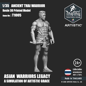 Könnte beinhalten: Ein 3D-gedrucktes Modell aus Harz eines alten thailändischen Kriegers, Artikel T1005, aus der Asian Warriors Legacy-Kollektion. Die Figur hält eine Axt und trägt traditionelle thailändische Kleidung. Sammler-Miniatur.