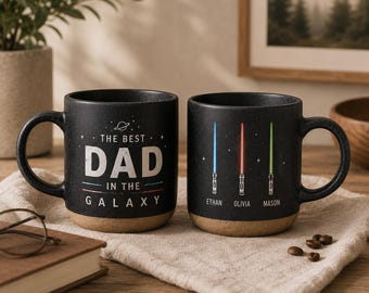 Personalized Best Dad In The Galaxy Mug, Custom Kids Names Lightsaber Coffee Cup, Father’s Day Gift For Dad, Ceramic 12oz Mug
