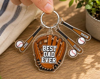 Custom Baseball Keychain For Dad, Custom Dad Keychain With Kid Names Charm, Father's Day Gifts, Baseball Lover, Gift For Baseball Dad