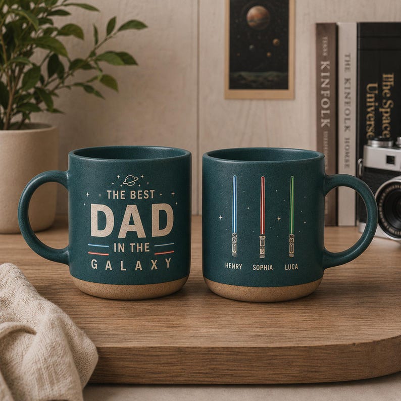 May include: Two dark teal ceramic mugs with a speckled texture and a tan base. One mug features the text "THE BEST DAD IN THE GALAXY" with a small planet icon. The other mug displays three vertical lightsabers in blue, red, and green with the names "HENRY", "SOPHIA", and "LUCA" printed underneath each one.