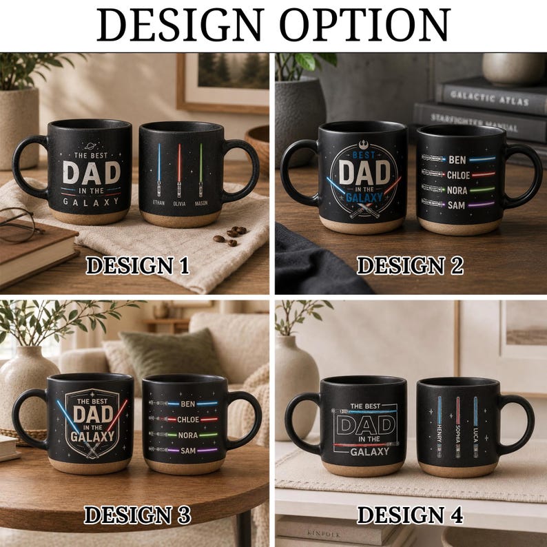 May include: Four sets of two black ceramic mugs with a tan base. Each mug features Star Wars-inspired graphics with lightsabers and the text "THE BEST DAD IN THE GALAXY." Some designs include customizable names next to lightsaber illustrations.