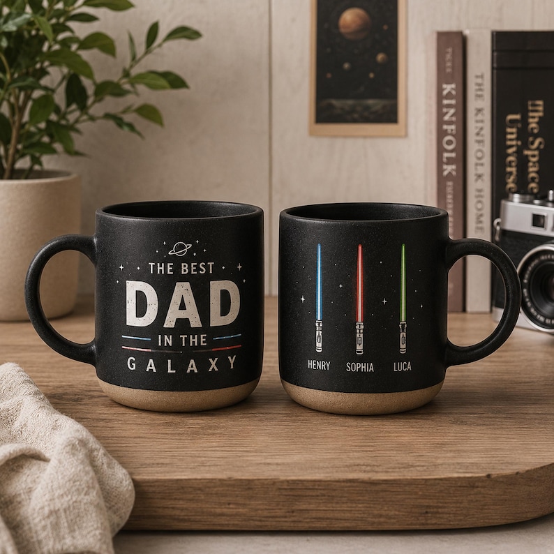 May include: Two black ceramic mugs with a tan base. The first mug features the text THE BEST DAD IN THE GALAXY with a small planet icon. The second mug displays three vertical lightsabers in blue, red, and green with the names HENRY, SOPHIA, and LUCA.
