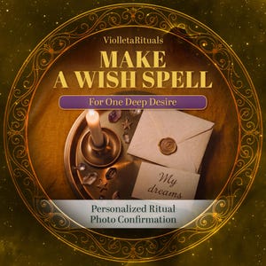 Może przedstawiać: Okrągła grafika z tekstem ViolletaRituals, MAKE A WISH SPELL, For One Desire oraz Personalized Ritual Photo Confirmation. Widoczna jest zapalona świeca, kryształy, zawieszka w kształcie gwiazdy oraz zapieczętowana koperta z napisem My dreams.