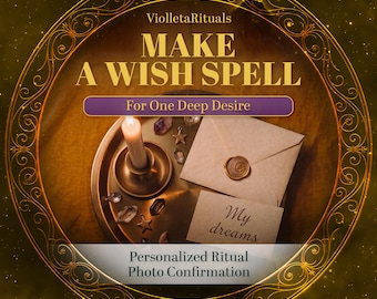 May include: A circular graphic featuring the text ViolletaRituals, MAKE A WISH SPELL, For One Deep Desire, and Personalized Ritual Photo Confirmation. A lit candle, crystals, a star charm, and a sealed envelope labeled My dreams are shown.