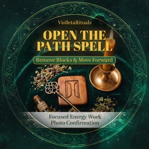 May include: A ritual set featuring a lit yellow candle in a brass holder, a wooden block with a carved symbol, an ornate brass key, and a small glass bottle labeled Road Opener, surrounded by dried herbs on a dark green velvet fabric background.