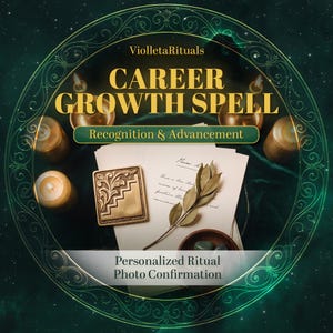 May include: A ritual set featuring a square brass plaque with a staircase relief, a sprig of dried leaves, and white paper documents. The scene is surrounded by four lit pillar candles on a dark green surface, with text reading Career Growth Spell.