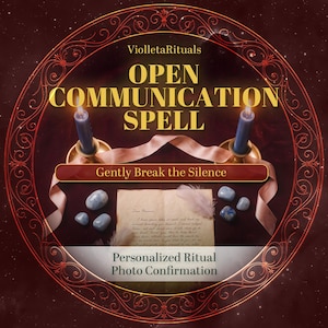 May include: A circular graphic featuring the text ViolletaRituals, OPEN COMMUNICATION SPELL, Gently Break the Silence, and Personalized Ritual Photo Confirmation. Two blue candles in gold holders, light blue stones, and a handwritten letter are displayed.
