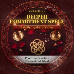 Op de afbeelding: Een cirkelvormige afbeelding met de tekst ViolletaRituals, DEEPER COMMITMENT SPELL, Stability, Loyalty & Devotion en Photo Confirmation Personalized Ritual. Het toont twee gouden kandelaars, een gouden knoopembleem en een ring.