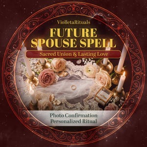 May include: A circular graphic featuring the text ViolletaRituals, FUTURE SPOUSE SPELL, and Sacred Union & Lasting Love. The image displays white candles in gold holders, pink roses, white lace, a gold ring box, and a single gold ring on fabric.