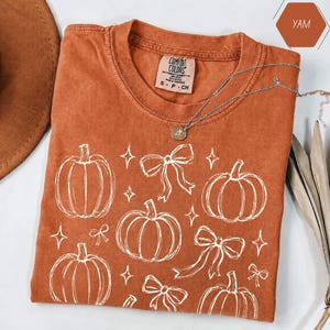 Può includere: Una t-shirt a maniche corte color ruggine con una stampa grafica a linee bianche raffigurante zucche, fiocchi e stelle a quattro punte. La maglietta presenta un girocollo e un'etichetta del marchio Comfort Colors stampata all'interno.