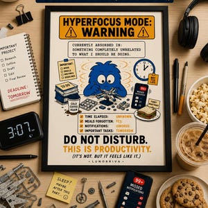 May include: A framed poster titled Hyperfocus Mode: Warning featuring a blue creature building a model, surrounded by text about ADHD, a clock, a smartphone with notifications, a sandwich, and a checklist. The poster is surrounded by desk items.