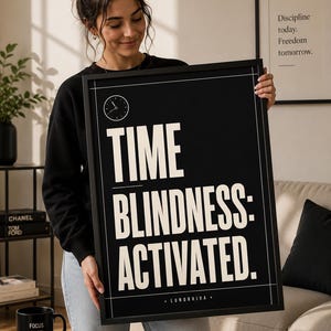 May include: A rectangular black framed wall art piece featuring a white clock icon and the bold white text "TIME BLINDNESS: ACTIVATED." with the brand name "LUNORRIVA" at the bottom, presented in a clean, high-contrast graphic design style.