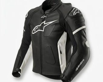Chaqueta de moto Alpinestars de cuero negro con protección CE para carreras y motor de piel de vacuno.