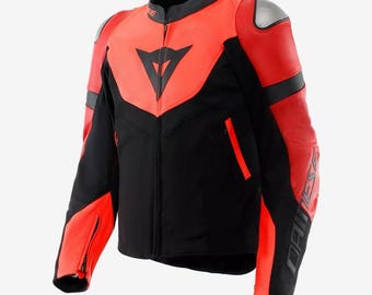 Herren Motorrad Leder Reitjacke Red Fluo Racing Biker Rüstungsjacke