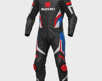 Traje de cuero para motocicleta Suzuki GSX-R de 1 pieza con certificación CE, fabricado en piel de vacuno para competición.