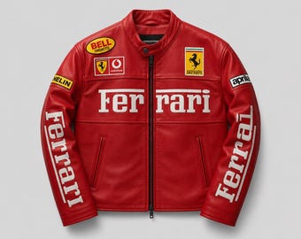 Ferrari Racing Lederjacke Vintage Red Biker Motorradjacke für Herren Damen