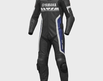 Traje de competición de moto Yamaha de una pieza con certificación CE, fabricado en piel de vacuno con protecciones.