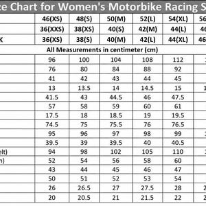 Puede incluir: Tabla de tallas para trajes de carreras de moto para mujer, con medidas en cent&iacute;metros. Incluye pecho, cintura, hombros y otras dimensiones para tallas XS a 4XL, con equivalencias en tallas de EE. UU./Canad&aacute; e Internacional/Reino Unido.