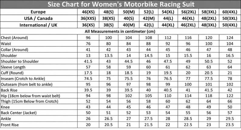 Puede incluir: Tabla de tallas para trajes de carreras de moto para mujer, con medidas en cent&iacute;metros. Incluye pecho, cintura, hombros y otras dimensiones para tallas XS a 4XL, con equivalencias en tallas de EE. UU./Canad&aacute; e Internacional/Reino Unido.