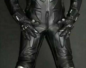Black Armored Motorcycle Leather Racing Suit Custom MotoGP Style Biker Suit