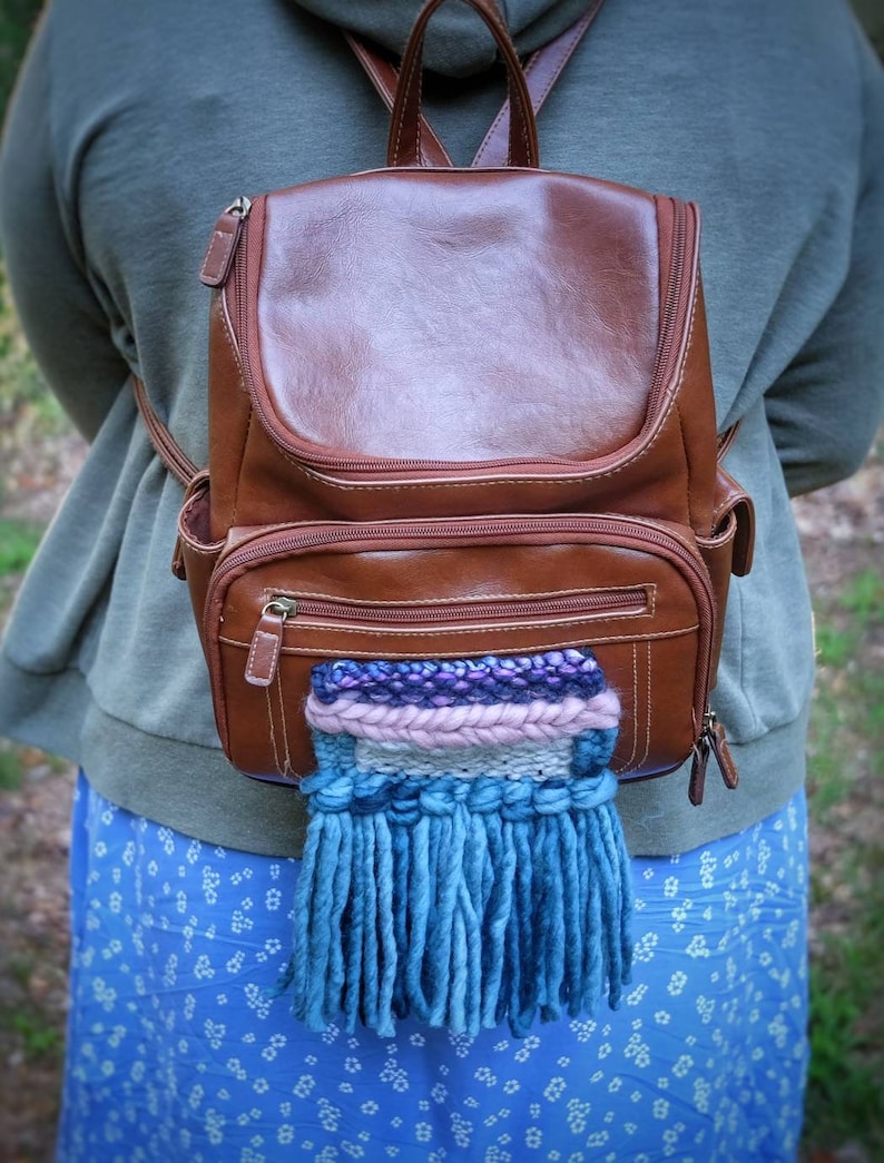 Brown backpackPut a Weave on it faux leather mini backpack small weave thrifted upcycled fiber art hip accessory