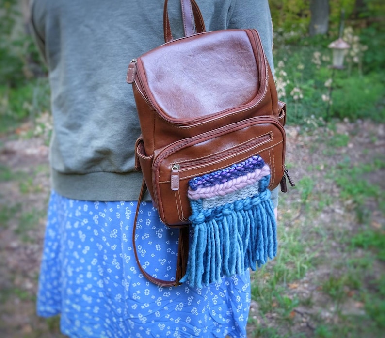 Brown backpackPut a Weave on it faux leather mini backpack small weave thrifted upcycled fiber art hip accessory