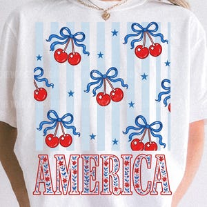 Coquette Americana PNG, Vintage Fourth of July Cherry Bow Design (Digital Download)