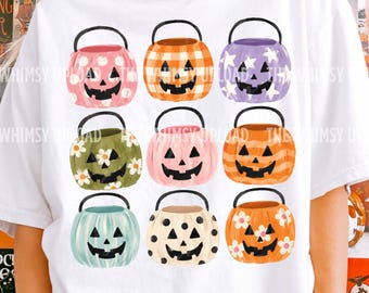 Halloween Pumpkin Buckets PNG, Coquette Halloween Shirt Design, Preppy Halloween Buckets PNG,  GirlyTrick Or Treat Shirt Design, Spooky PNG