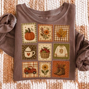 Fall Quilt Style PNG, Cozy Autumn Shirt Design, Faux Patchwork Fall Sublimation, Vintage Autumn Patchwork Shirt Design, Grandmacore Fall PNG