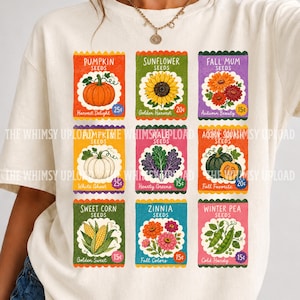 Vintage fröpaket PNG, sublimering av höstskördsfrön, trädgårdsskjorta för hösten, clipart för höstträdgård, höstgrönsaker och höstblommor