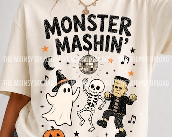 Monster Machine' PNG, Retro Halloween Monsters PNG, Dancing Skeleton Ghost Frankenstein Shirt Design, Vintage Spooky Sublimation, Disco Ball