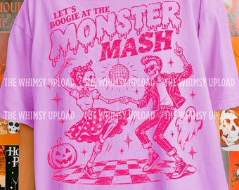 Pink Halloween Monster Mash PNG, Spooky Skeletons Dancing Sublimation, Halloween Disco Shirt Design, Vintage Halloween PNG, Boogie Halloween