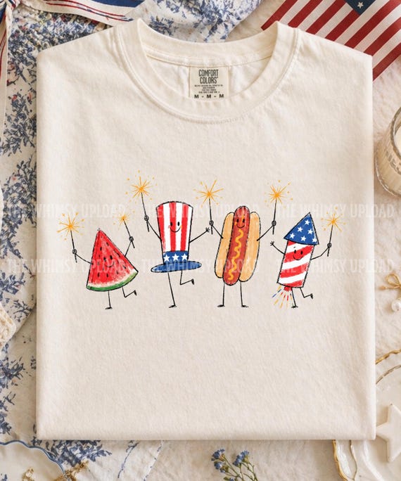 Patriotic Doodle PNG, Cute Fourth of July Sublimation Design, Watermelon Hotdog Firework PNG, Retro Americana Shirt Graphic, Funny Sumer PNG