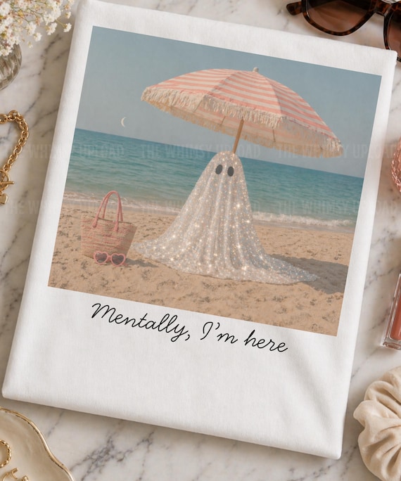 Sparkly Ghost Beach PNG, Coastal Cowgirl Aesthetic, Vintage Summer Ghost, Cute Spooky Beach Design, Retro Aesthetic PNG, T-shirt Sublimation