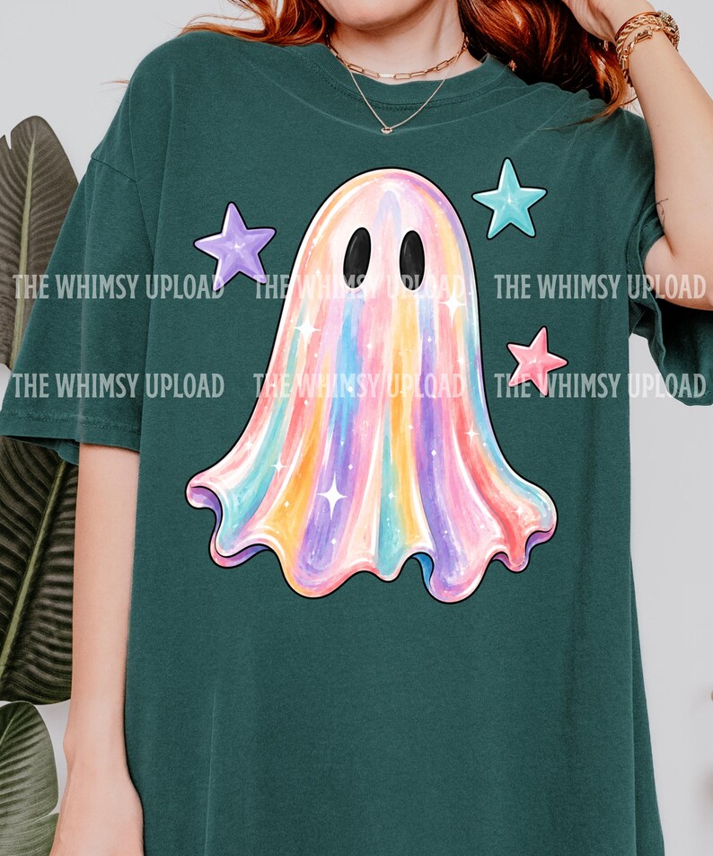Pastel Ghost PNG, Metallic Halloween Shirt Design, Holographic Spooky Ghost PNG, Whimsical Ghost Sublimation Design, Kawaii Halloween Shirt image 3