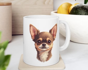 Puede incluir: Una taza de cerámica blanca con una ilustración centrada y detallada de la cabeza de un perro Chihuahua marrón y beige con grandes ojos oscuros expresivos, orejas puntiagudas y una pequeña nariz negra sobre fondo blanco.