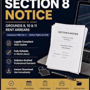 Puede incluir: Gráfico azul oscuro con el texto "UK SECTION 8 NOTICE" en amarillo. La imagen incluye un portátil, documentos e iconos relacionados con asuntos legales e inmobiliarios. El documento es para los atrasos en el alquiler.
