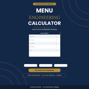 Peut inclure: Graphique bleu foncé avec les mots "MENU ENGINEERING CALCULATOR" en blanc et or. Le graphique comprend une section pour l'analyse des coûts et de la rentabilité des aliments, et le texte "FOR HOSPITALITY MANAGERS".